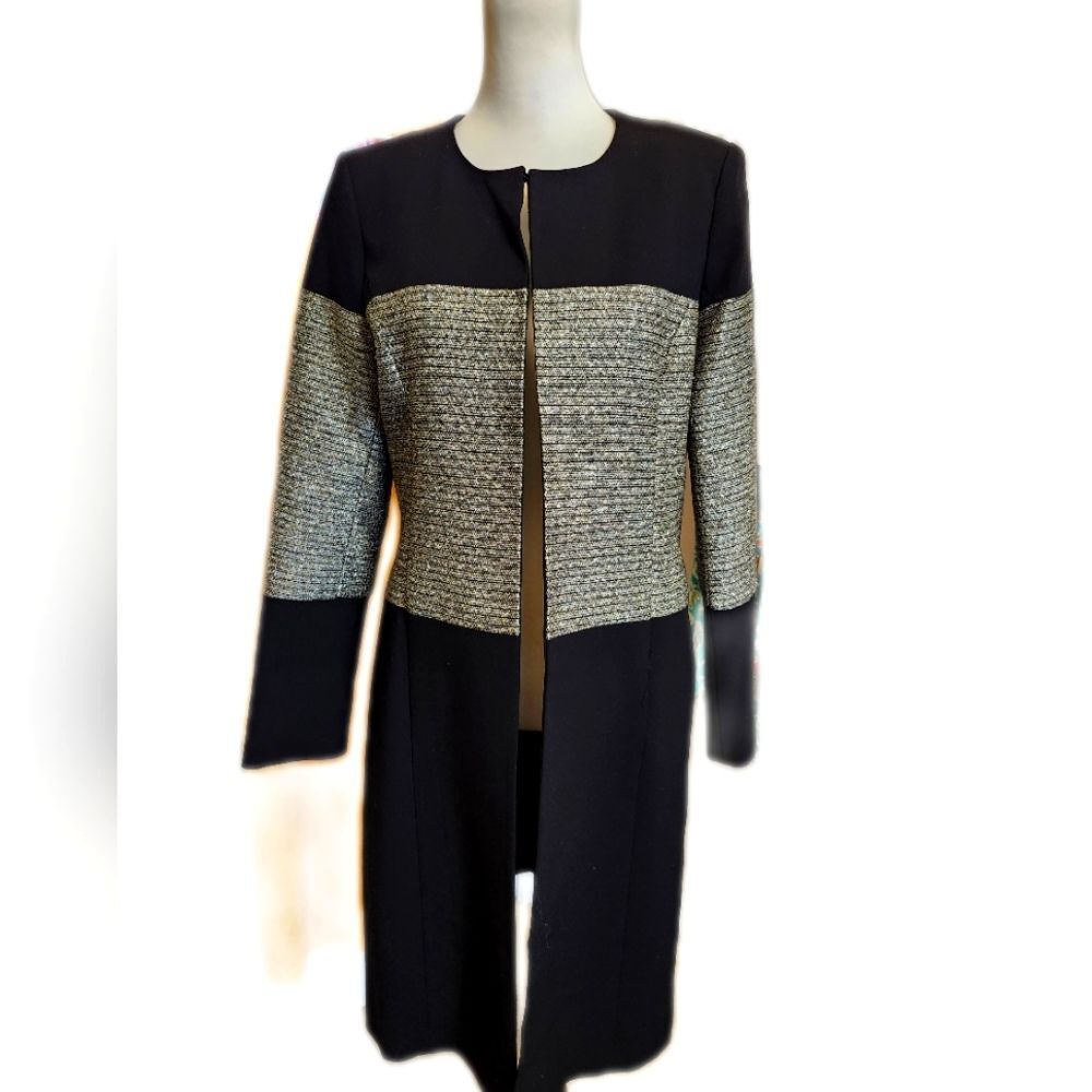Calvin Klein black coat w/ gold & silver metallic beaded band, size 6
